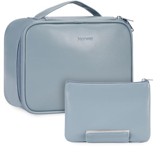 Narwey Reise Kosmetiktasche Damen Make-up-Tasche PU Leder Schminktasche Große Make-up Tasche Organizer Kosmetikkoffer Makeup Bag für Frauen Mädchen mit Bürstenfach(Graublau)