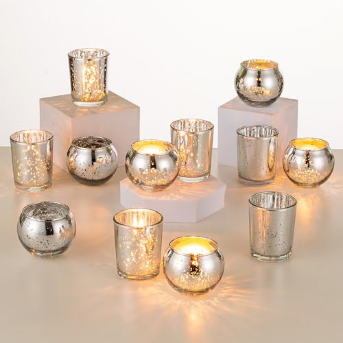 Romadedi Kerzenständer Glas Teelichthalter Tischdeko - 24er Set Silber Kerzenhalter Quecksilber Teelichter Votivkerzen für Hochzeit Tisch Wohnzimmer Weihnachten Deko Adventskranz