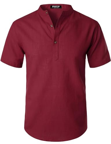 JEMITOP Men's Cotton Linen Lightweight Henley Shirt Casual Banded Collar Moisture-Wicking Short Sleeve T-Shirt for Summer Beach Vacation Burgundy L