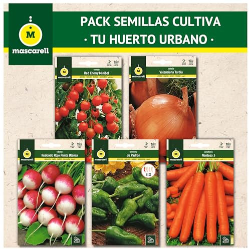 Mascarell Semillas, PACK SEMILLAS CULTIVA TU HUERTO URBANO, Kit Huerto en Casa. Fácil de Cultivar, Contiene Rabanito, Tomate Cherry, Pimientos de Padrón, Zanahoria y Cebolla, 5 Sobres