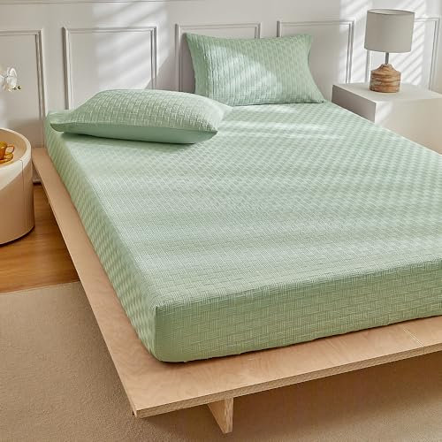 Tospass Jersey Spannbettlaken 160x200cm Grün Jacquard Spannbetttuch, Bettlaken 160x200cm Bis 35 cm Matratzenhöhe, Leintuch 160x200 mit Gummizug, Hautfreundlich Atmungsaktiv, Oeko-Tex Zertifiziert