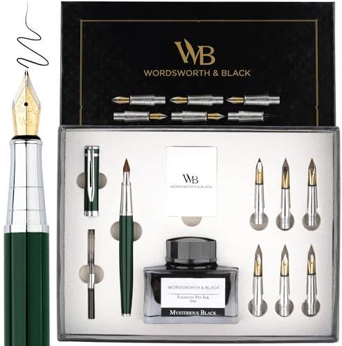 Wordsworth & Black Set regalo penna per calligrafia, include bottiglia d'inchiostro, 6 cartucce d'inchiostro, convertitore ricarica d'inchiostro, 6 punte di ricambio, Pacchetto Premium [Cromo Verde]