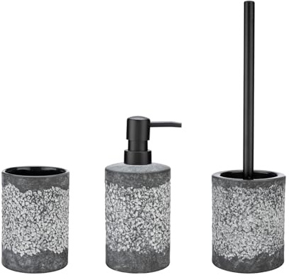 WENKO Set accessoires salle de bain Modèle Anfo | Ensemble 3 pièces céramique gris | Gobelet à dents distributeur de savon porte-brosse WC | Dimensions 10,8 x 37,5 cm | Couleur gris