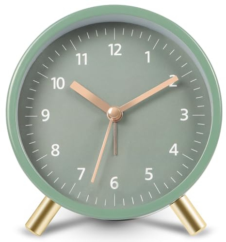 HaoHanEup Analog Alarm Clock, Silent Non Ticking Alarm Clocks with Light, Battery Operated, Classic Simple Round Alarm Clocks Bedside, Fashionable Metal Alarm Clock for Bedroom, 10cm (Green)