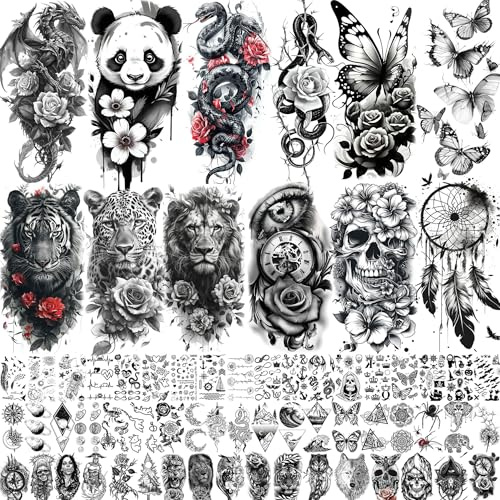 66 Sheets Snake Rose Flower Temporary Tattoos For Women Girls, Dragon Panda Florals Realistic Tattoo Sticker Dreamcatcher Floral, 3D Skull Temp Butterfly Fake Tattoos For Adults Lion Tiger Leopard