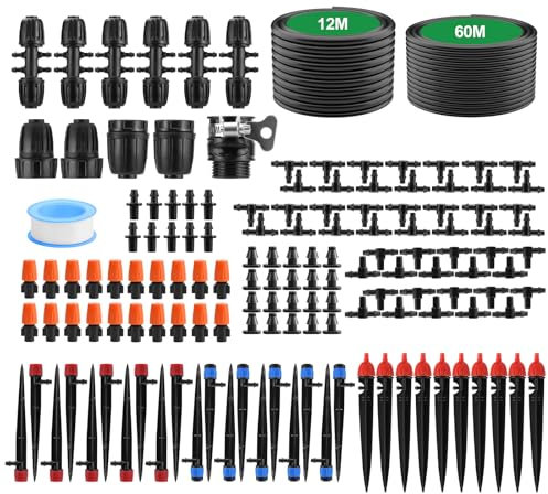 Feelhap Système d'irrigation Jardin, 60+12M Kit d'irrigation Goutte 144Pcs Micro Irrigation Goutte à Goutte, Kit Arrosage Automatique DIY Système d'arrosage pour Jardin,Pelouse,Plante,Paysage,Potager