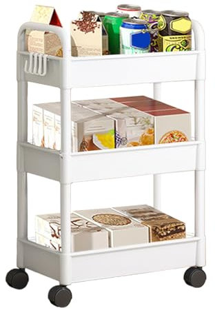 Carrello Portaoggetti a 3 Livelli, Carrello in Plastica, Carrellino Cucina Salvaspazio, Carrello Scorrevole con Ruote e Ganci Multifunzionale per Ufficio, Soggiorno, Cucina, Contenitore Mobile
