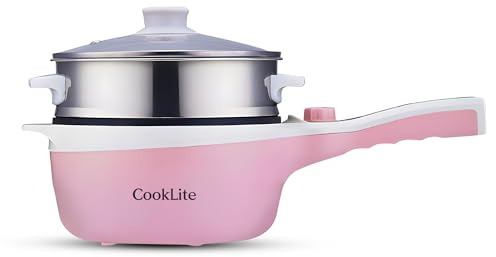 Electric Hot Pot with Steamer – 1.8L Multi-Functional Cooker, Non-Stick, Adjustable Temperature, Portable & Compact for Easy Cooking, Boiling, Simmering & Frying – Ideal for Home, Dorm & Travel (Pink)