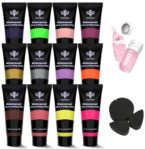 Anka Bella 12 Colors Waterproof Sweatproof Face Body Paint Set,Anti Smudge Cream Body Paint with Sponge and Makeup Remover,Halloween SFX Cosplay Stage Makeup Face Painting for Adult Children(Advanced)