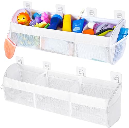 Rangement Jouet Bain Baignoire Salle de bain Blanc ✮MARQUE FRANCAISE✮ Filet Jouet Bain Bebe ✯GARANTIE À VIE✯ 3 Compartiments Sac Panier Bac Rangement Baignoire Toys Baby Ranger Gel Douche Shampoing