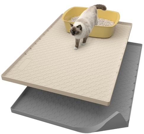 2pcs 34x22 Litter Mats Extra Large Easy Clean, Cat Litter Mat Large, Silicone Dog or Cats Feeding mat Waterproof, Cat Litter Mats for Indoor Cats, Grey and Beige