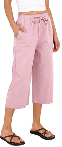 Cropped Trousers For Women UK Casual Summer Linen Trousers Trendy 2026 Loose Lounge Yoga Beach 3/4 Length Capri Pants With Pockets Cotton Palazzo Wide Leg Pants For Women UK Ladies Culottes Plus Size