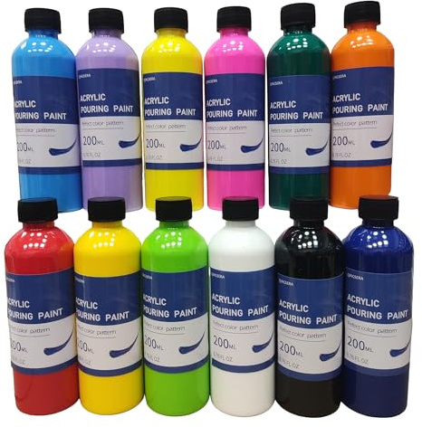 Qingsera Juego de pintura acrílica para vertido, 12 colores, 192.8 g/200 ml, kit de pinturas fluidas profesionales para adultos, ideal para pintar sobre lienzos, madera, rocas, yeso, premezclado de