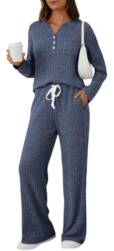 Womens Tracksuit Set Womens Lounge Wear Ladies Tracksuit Full Set V Neck Button Ribbed Knit Sleepwear And Wide Leg Pants With Drawstring Co Ord Sets Ladies Tracksuits Sweat Suit