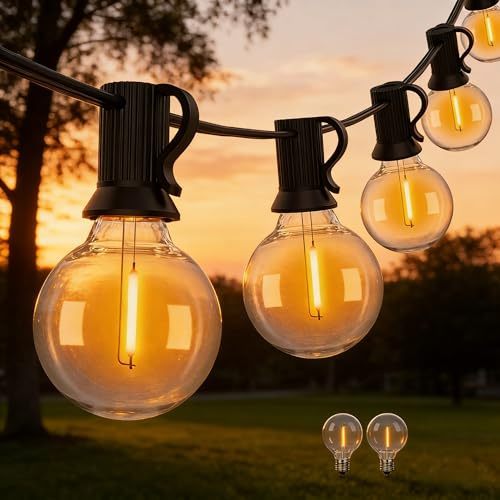 Wweixun2020 Lampade a Catena Esterno G40 30m/100FT, 50Lampadine LED +2 di Ricambio, Impermeabili IP44, Luce Calda 2200K, per Giardino Terrazzo Feste (30M/100FT, 52)