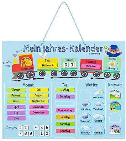 Navaris Kalender Tafel für Kinder - Lerntafel Jahreszeiten Uhr - Magnet Spiel Lernuhr - Kinderkalender Jahreskalender - magnetisch - blau - deutsch