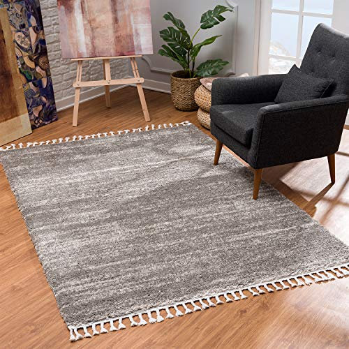 MyShop24 Teppich Wohnzimmer Shaggy - Grau Meliert 120x160cm - Deko Schlafzimmer Hochflor mit Fransen Flauschig - Oeko Tex 100 Standard - Allergiker geeignet