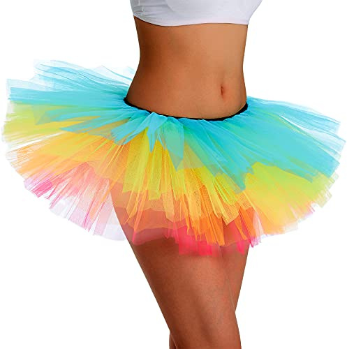 Phantomon Tutu Skirt Women's Teens Classic Elastic 5 Layered Tulle Ballet Skirt, 1950s Vintage Style Short Skirt, Adult Size (Rainbow)