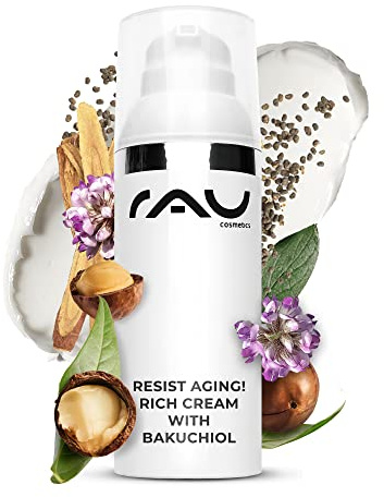 RAU Cosmetics Bakuchiol Crème Anti-Âge Riche 50 ml - Soin Visage à l'Alternative Végétale au Rétinol - Crème Jour et Nuit Femme et Homme - Anti-Rides et Peaux Sèches