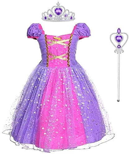 M MUNCASO Robe de princesse Raiponce avec couronne et baguette magique - Pour fille - Costume de cosplay - Pour l'été - Déguisement de fête - Halloween (3-4 ans)