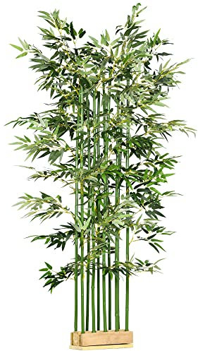 HOMCOM Bambú Artificial en Maceta de Madera de Pino 180 cm Planta Artificial con 10 Botas Realistas Decoración para Interior Hogar Verde