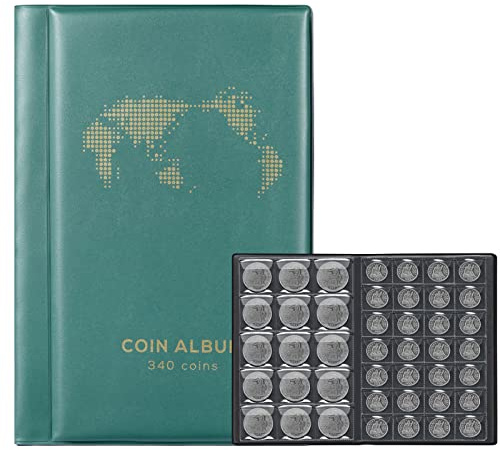 Coin Album for Collectors,340 Pockets Coin Collection Book Holder Display Storage Case,Collecting Sleeves Organizer Supplies for Coins,Pennies,Quarters,Badges,Green