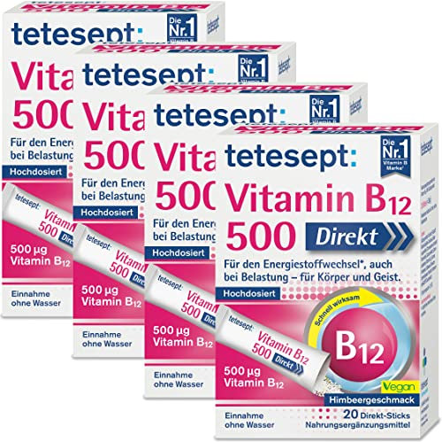 tetesept Vitamin B12 500 Direkt - 4 x 20 Direkt-Sticks - Nahrungsergänzungsmittel für den Energiestoffwechsel*, auch bei Belastung - Vitamin B12 Pulver hochdosiert zur Einnahme ohne Wasser