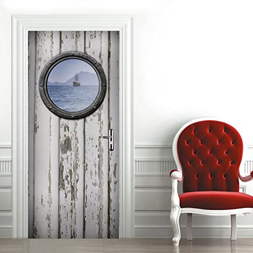 A.Monamour Türtapete Selbstklebend Türfolie Türposter 3D Schiff Bullauge Auf Weiße Holzwand Vinyl Folie Türdeko Tapete Wandbild Türaufkleber Türtattoo 77 x 200 cm
