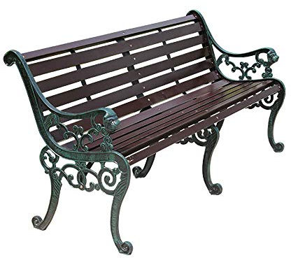 Utomhusfritidsbänk i massivt trä, gjutjärnsram och korrosionsskyddande massivt trä parkträdgårdsbänk, utomhusmöbler Metall massivt trä retro terrassbänk, används för trädgårdspark gräsmatta