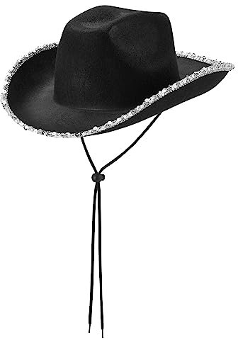DELIMALI Cowgirl-Hut, Cowboyhüte für Damen, flauschige Federkrempe, Cowboyhut für Junggesellinnenabschied, Cosplay, Kostümparty, B-Schwarz-Silber-Seite, Einheitsgröße
