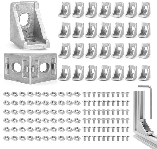 GROFIS 30 Stück Aluprofil Winkel 28x28x20mm, Winkelverbinder aus Befestigungsmaterial Aluminium, Eckwinkel mit 60 Bolzen 60 T-Muttern 1 Schraubenschlüssel, Winkel Raster für Nut 6 20x20 Strebenprofil