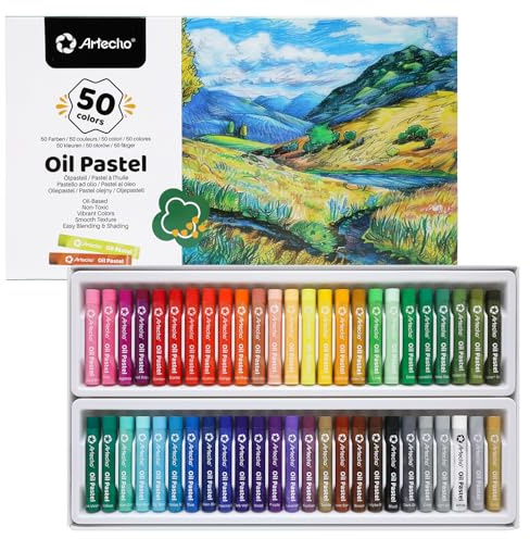 Artecho Oil Pastels Set of 50 Colors (8 x 60 mm), Soft Oil Pastels for Art Painting, Drawing, Blending, Art Supplies for Artists, Beginners, Teachers
