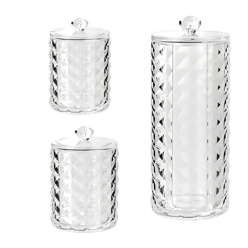 PUTOAHAO 3 Boite Coton Tige en PET Écologique - Distributeur Coton Demaquillant Transparent avec Motif Diamant - Rangement Cosmétiques, Accessoires et Plus pour Salle de Bain, Bureau (zsw tm C)
