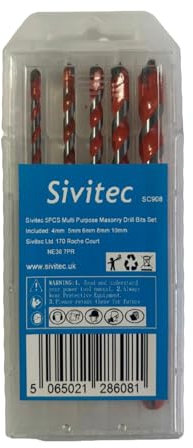 Sivitec 5PCs Multi Purpose Masonry Drill Bit Set for Concrete Brick Hard Tile, Porcelain Plastic Wood - Carbide Drill Bit Tip 4mm 5mm 6mm 8mm and 10mm