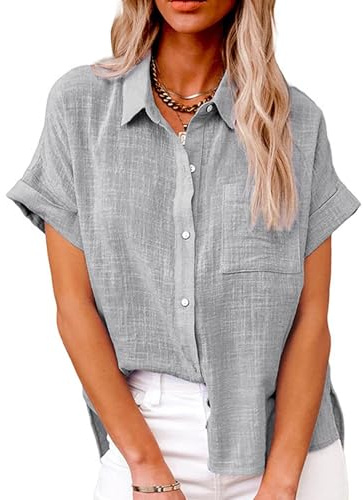 Decorie Camicia Donna Estiva Blusa Donna in Cotone Camicette Top Donna Elegante (Grigio,L)