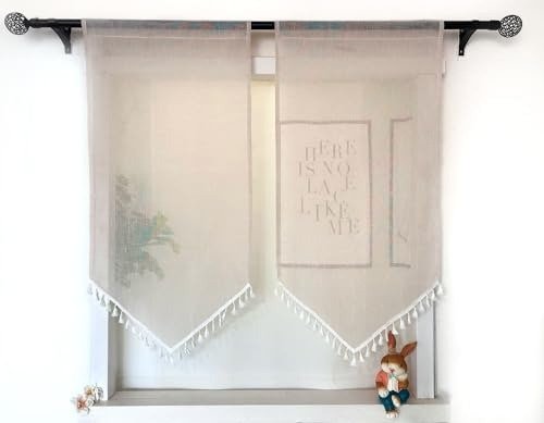Daliena Panneaux de rideau de cuisine avec pompon - Aspect lin - Court - Translucide - Moderne - Pour petite fenêtre - (l x H x H) - 1 pièce