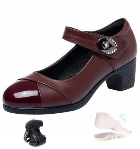 Women's Diamond Button Soft Sole Leather Orthopedic Mary Jane Shoes, Comfortable Non-Slip Pumps Low Block Heels (Red,5.5)