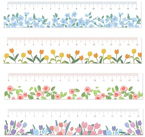 Lot de 4 Règles en Acrylique 15 cm – Modèle Fleurs, Règles Transparentes Petites pour École, Maison et Bureau, Règle Adorables pour Enfants et Fournitures Scolaires