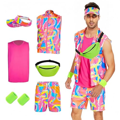 AKFJDLAD 80-tal 90-tal män träningsdräkt outfit retro neon cosplay badkläder set med tillbehör hatt midjeväska armband (M)