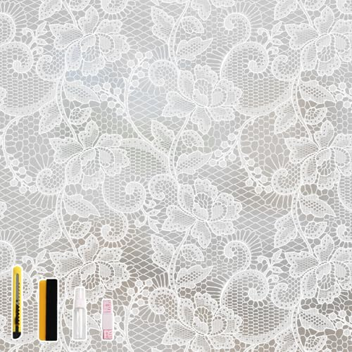 NINETREX Frosted Window Privacy Film, White Lace Stained Glass Window Film, Static Cling Removable Privacy Decal, Sun Blocking Decorative Tint with Effect for Home, Doors and Office, 17.5 x 78.7 inch