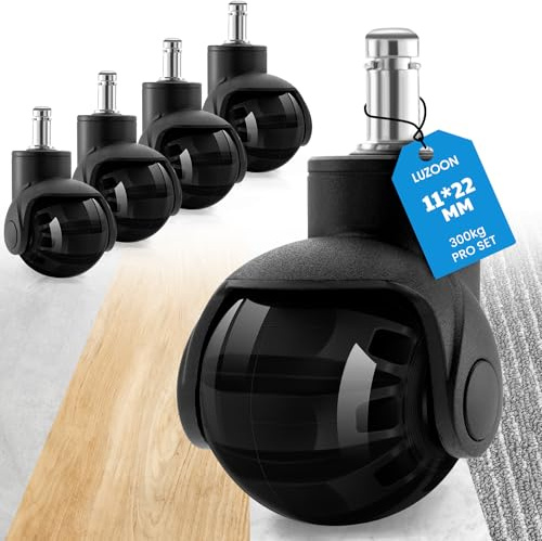 LUZOON Juego de 5 ruedas para sillas de oficina, 11 x 22 mm, para muebles, parqué, suelos duros, suelo, ruedas de goma, para suelos de parqué, suelos duros y azulejos (negro)