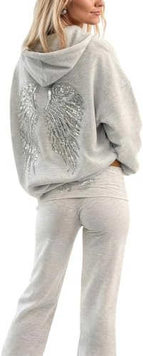 Generisch Tuta da jogging da donna con cappuccio, tuta da casa, in due pezzi, elegante tuta da ginnastica con paillettes ali d'angelo, stampa con cappuccio e lounge da jogging, fitness, tuta da 2