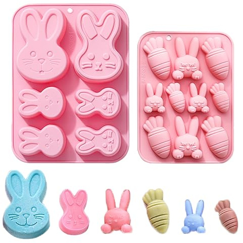 duoyif Molde de silicona de conejo, 2 piezas Molde De Chocolate Conejito, Libre de BPA, Moldes De Fondant De Silicona Pascua, Para chocolates, dulces, caramelos, pasteles, bombones (rosa)
