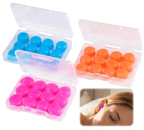 18 Pares Tapones de Oído de Silicona Moldeable,Tapones Oidos Ruido Dormir Silicona Con Un Estuche, para Nadar, Viajar, Conciertos, Trabajar, Estudiar(Rosa, Azul y Naranja)