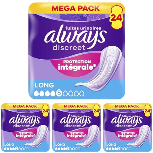Always Discreet Serviettes Pour Fuites Urinaires Femmes Long 24 Serviettes Protection Intégrale*. Discrétion Incroyable (Lot de 4)