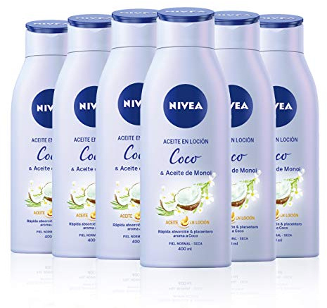 NIVEA Coconut Oil Lotion & Monoi Oil 6 Pack (6 x 400ml), Coconut Scented Body Oil, Moisturizing Body Care Lotion for Dry and Normal Skin