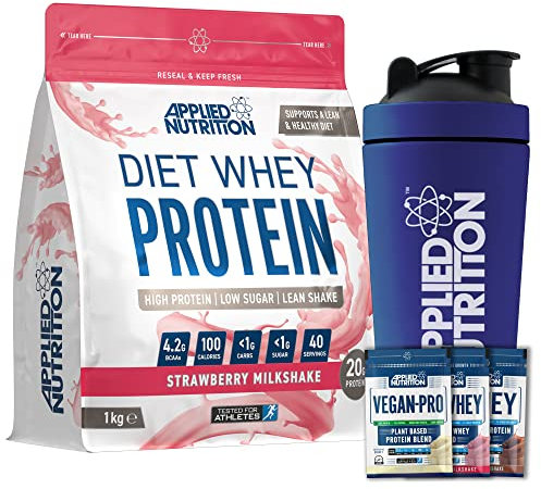 Applied Nutrition Diet Whey 1kg Bundle - Diet Whey High Protein Powder + 5 Sample Bundle + 750ml Steel Protein Shaker | Low Carb & Sugar, Weight Management Shake, 40 Servings (Strawberry)