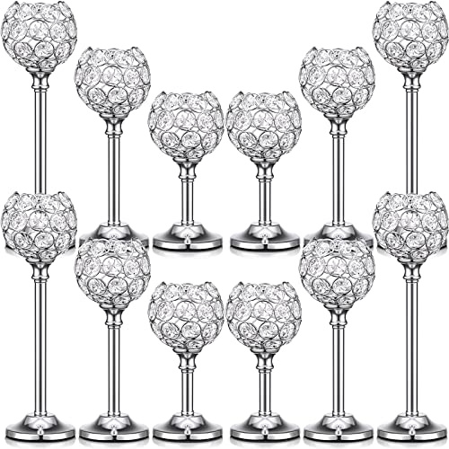 Mimorou 12 Pack Crystal Candle Holders Gold or Silver Candle Holders Bulk Tealight Candlestick Crystal Candelabras for Wedding Party Valentine Christmas Dining Table Centerpieces Decoration (Silver)
