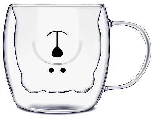 Xzeemo Carina Tazza di Caffè con Manico, 250ml Tazza Latte, Tazza da Tè in Vetro Isolante a Doppia Parete, Simpatico Tazza di Vetro a Forma di Orso/Gatto, Regalo per Compleanno San Valentino (Orso)