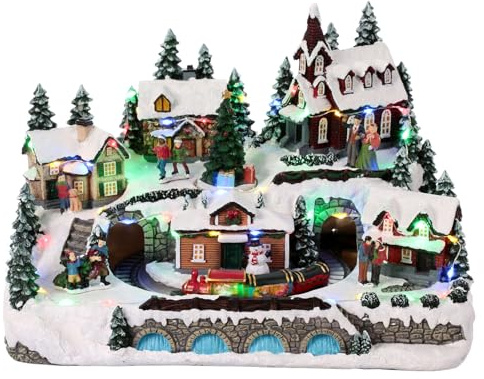 Holyart Villaggio natalizio con treno e albero animato 25x30x25 cm